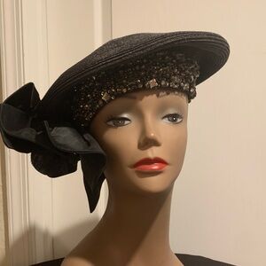 Elegant Black Beaded Hat with Bow